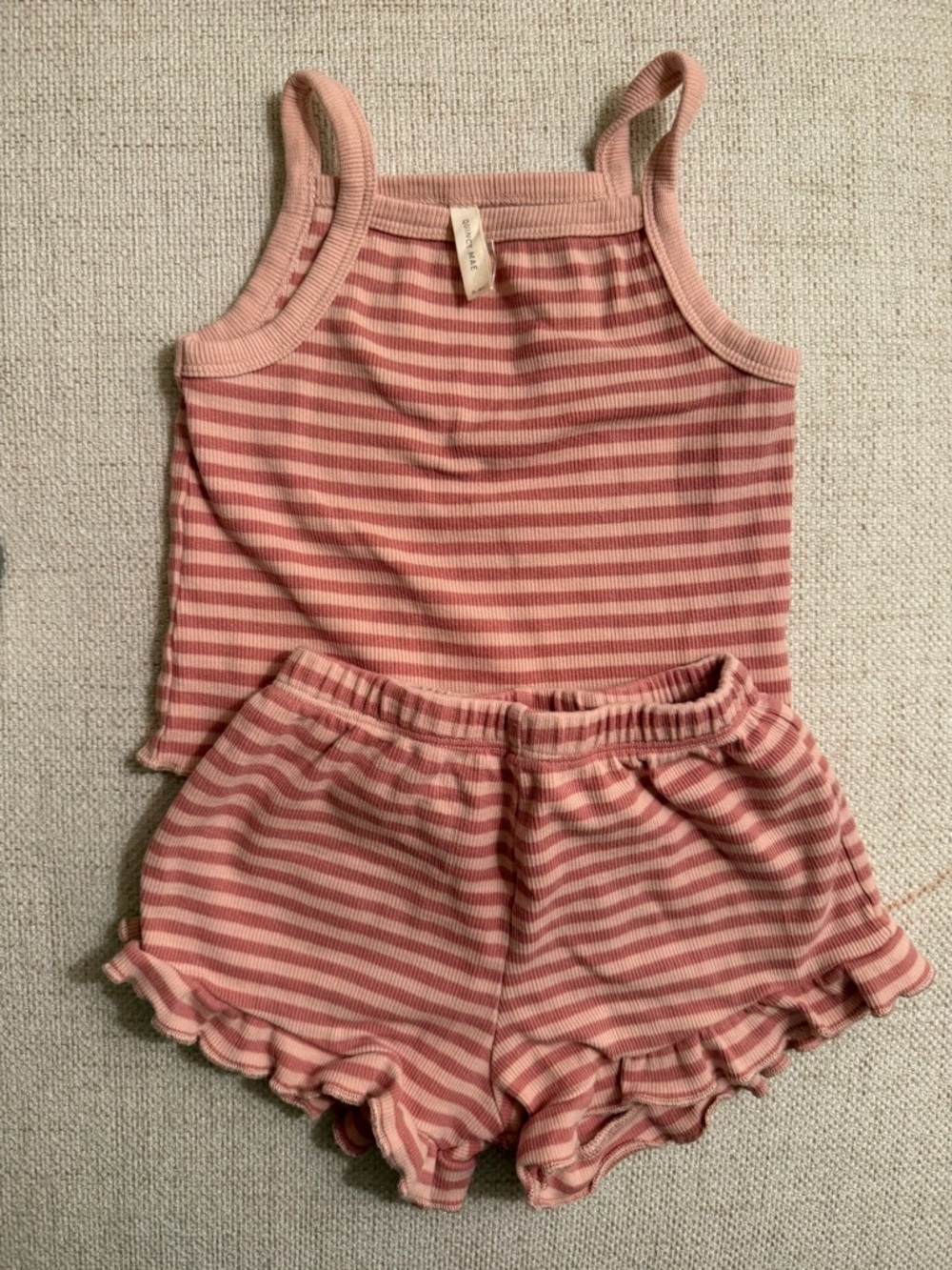 Quincy Mae Striped Pink Ribbed Tank & Ruffle Shorts Set